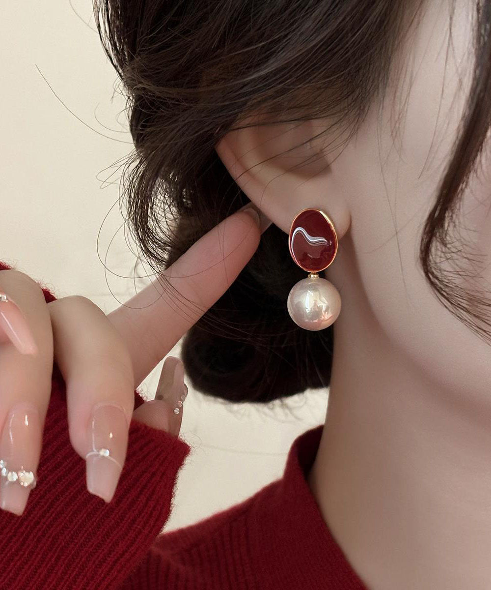 Stylish Red Copper Overgild Pearl Stud Earrings