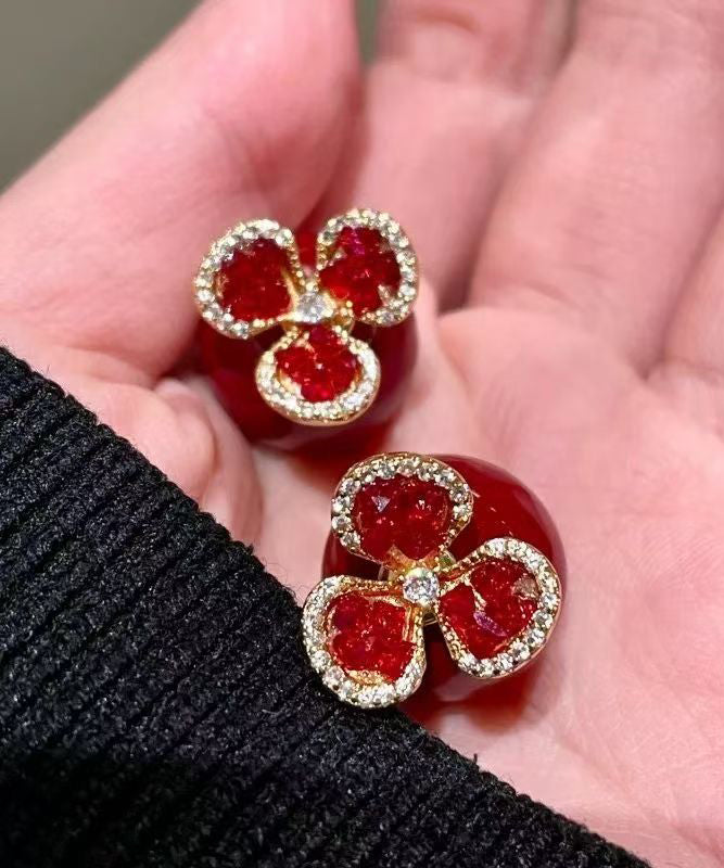 Stylish Red Copper Overgild Zircon Floral Stud Earrings