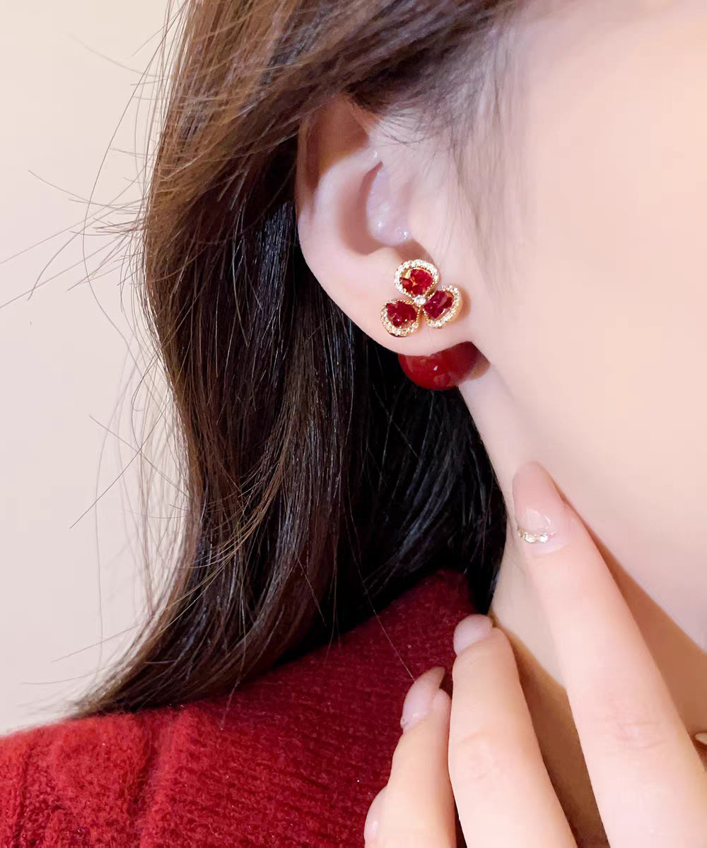 Stylish Red Copper Overgild Zircon Floral Stud Earrings