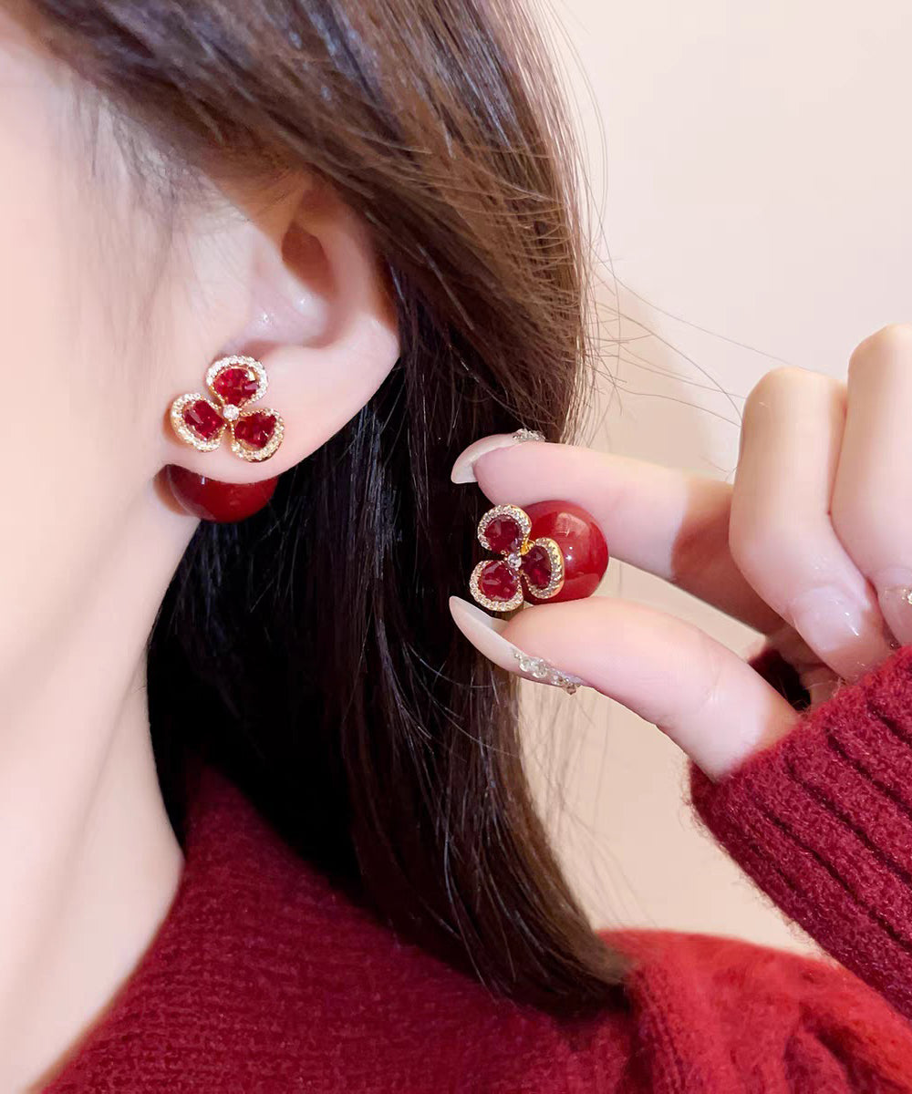 Stylish Red Copper Overgild Zircon Floral Stud Earrings