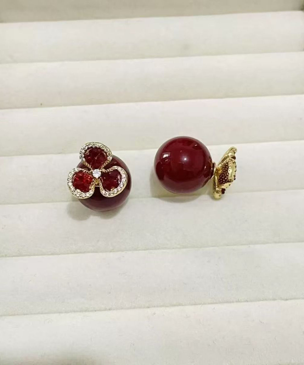 Stylish Red Copper Overgild Zircon Floral Stud Earrings