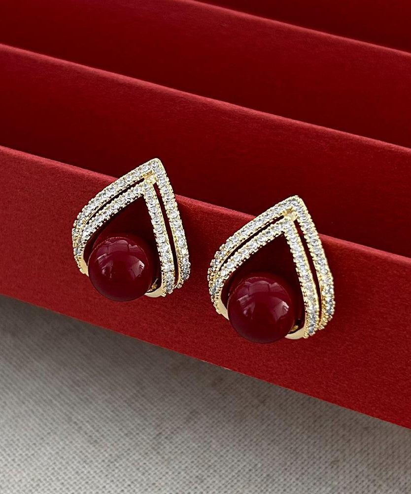 Stylish Red Copper Overgild Zircon Pearl Stud Earrings