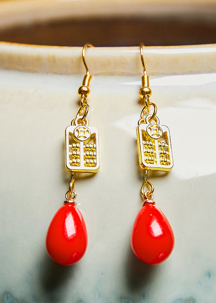 Stylish Red Coral 14K Gold Abacus Drop Earrings - Omychic