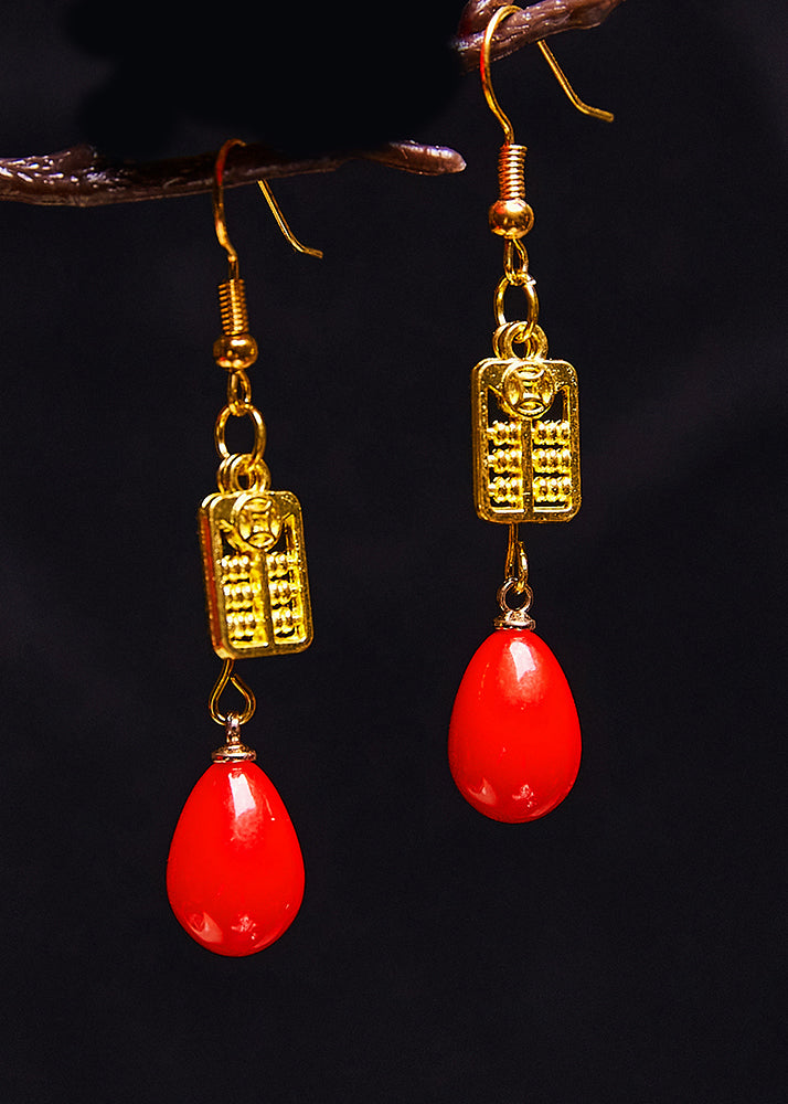 Stylish Red Coral 14K Gold Abacus Drop Earrings - Omychic