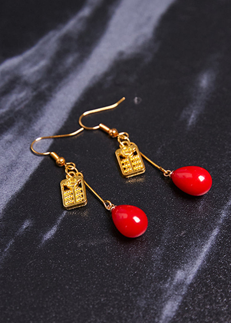 Stylish Red Coral 14K Gold Abacus Drop Earrings - Omychic