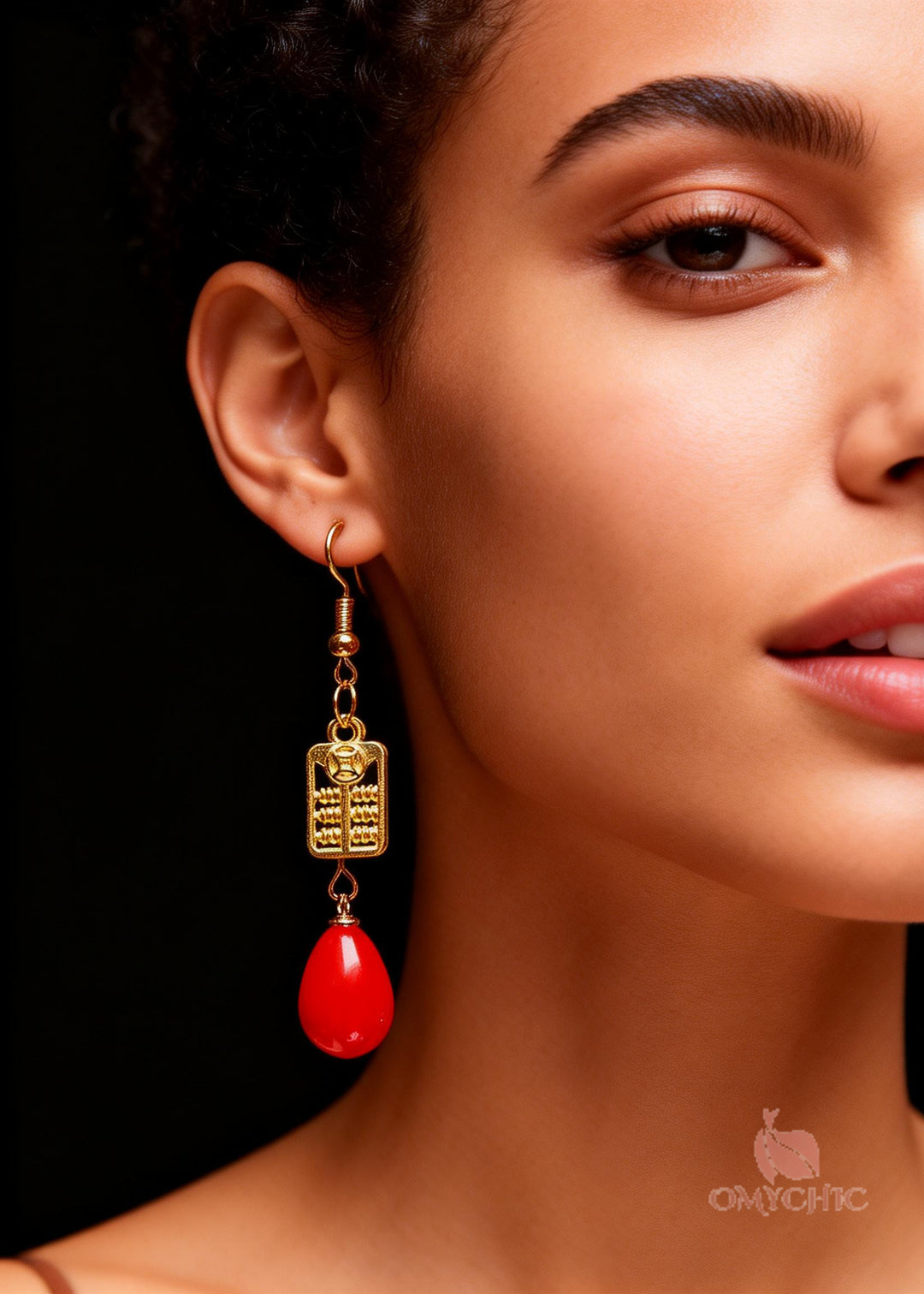 Stylish Red Coral Golden Abacus Drop Earrings