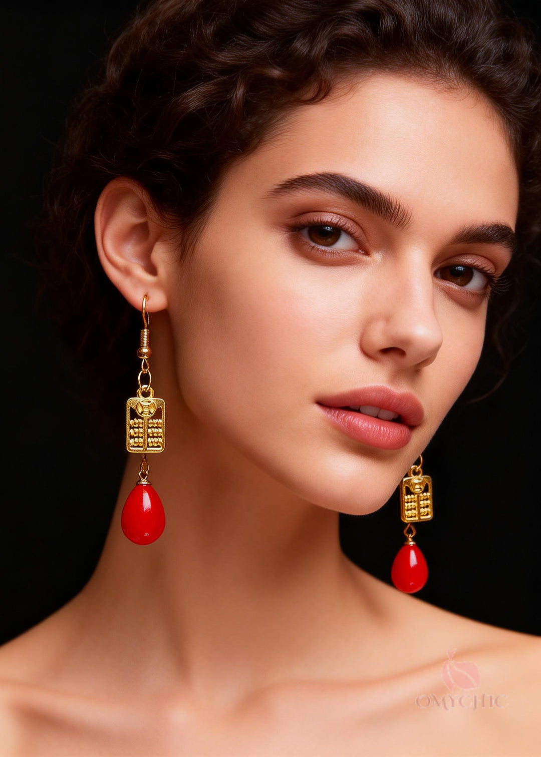 Stylish Red Coral Golden Abacus Drop Earrings