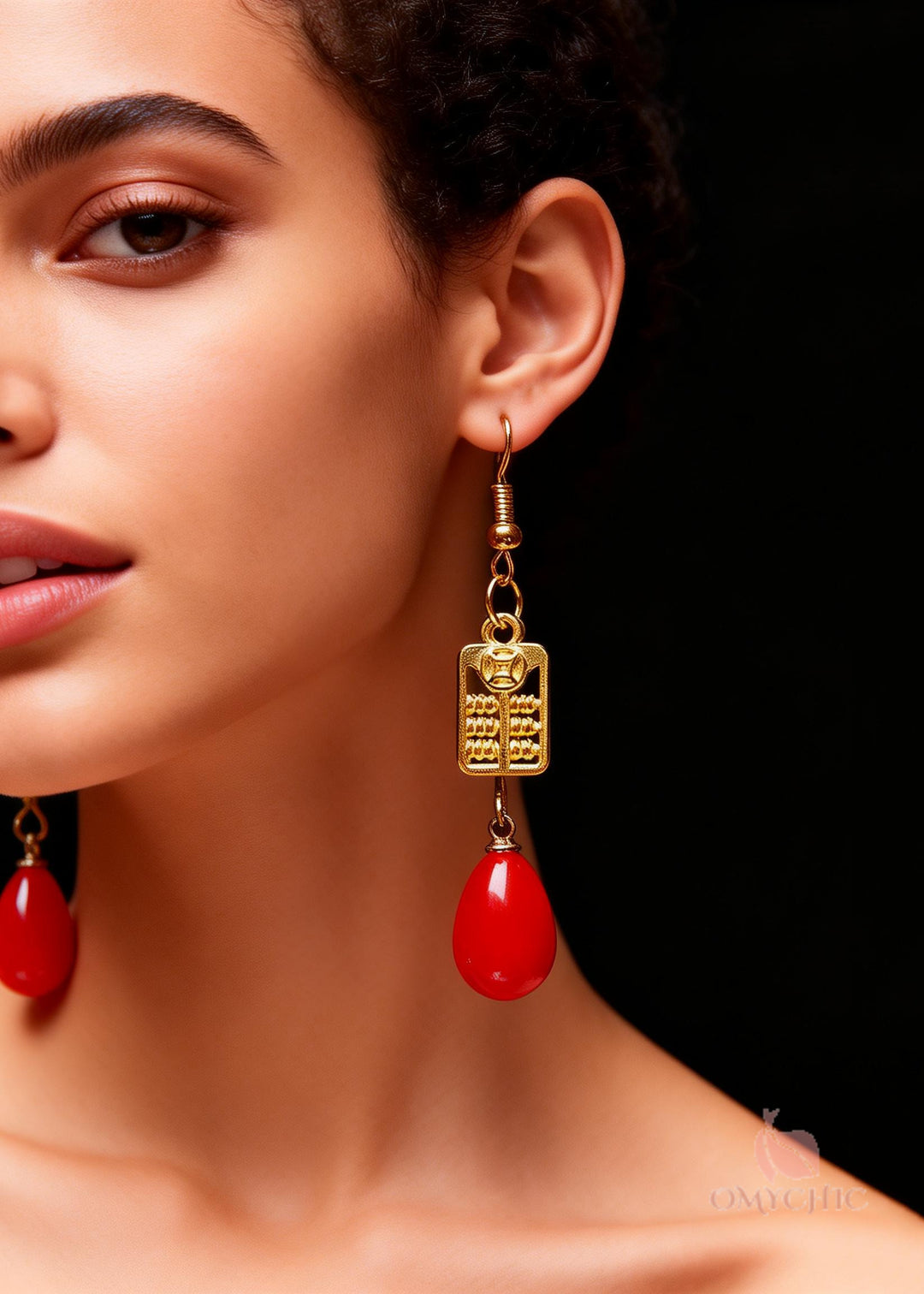 Stylish Red Coral Golden Abacus Drop Earrings