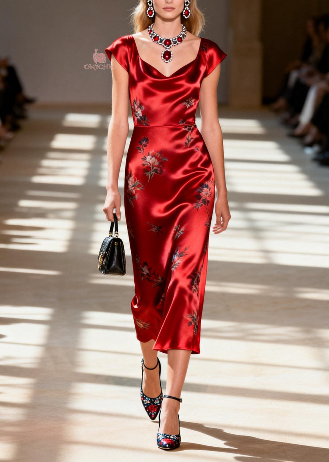Stylish Red Draping Collar Print Silk Dress Summer