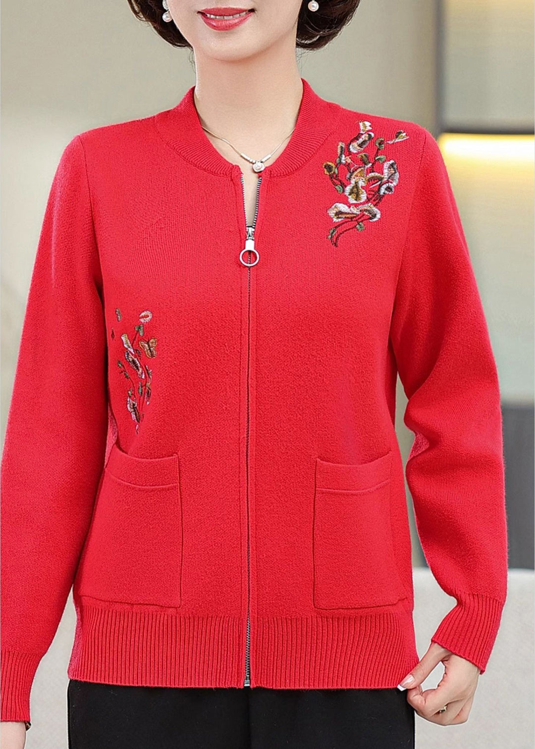 Stylish Red Embroidered Pockets Cotton Knit Coats Fall