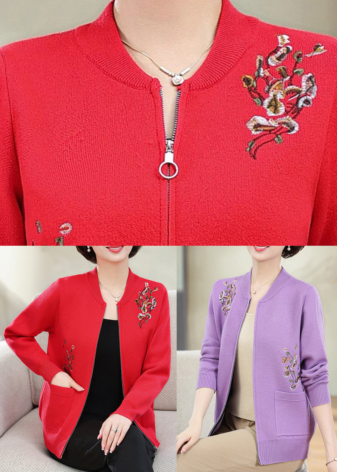 Stylish Red Embroidered Pockets Cotton Knit Coats Fall