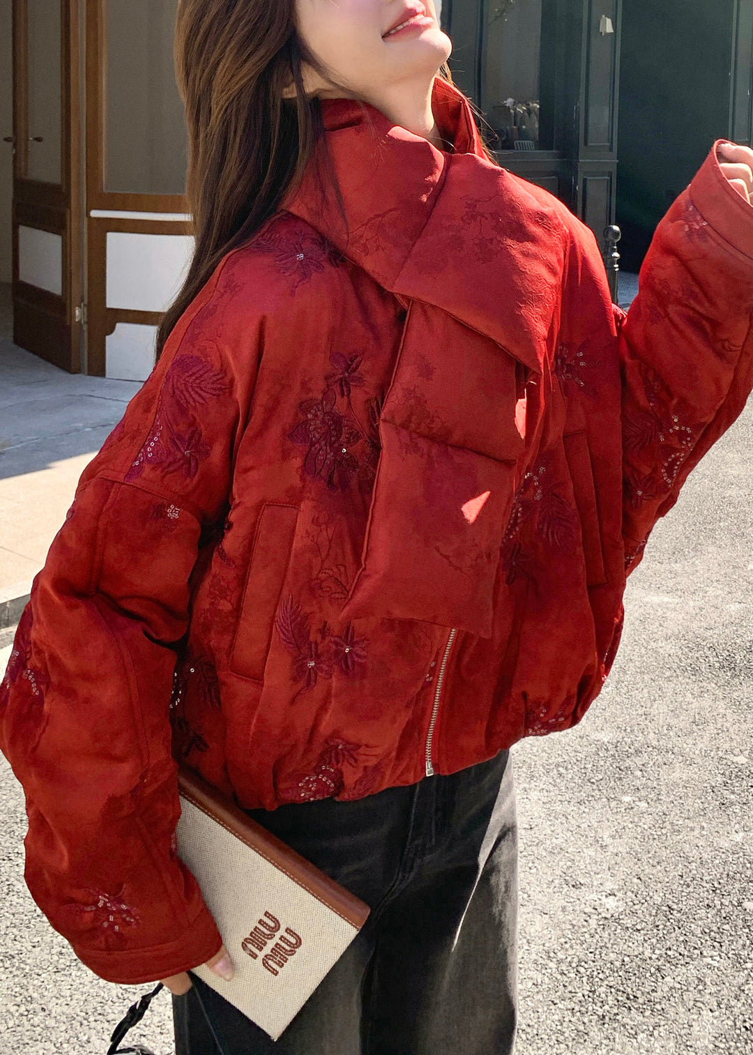 Stylish Red Embroidered Sequins Fine Cotton Filled Coats Winter