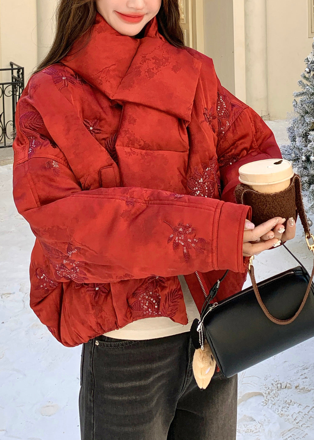 Stylish Red Embroidered Sequins Fine Cotton Filled Coats Winter