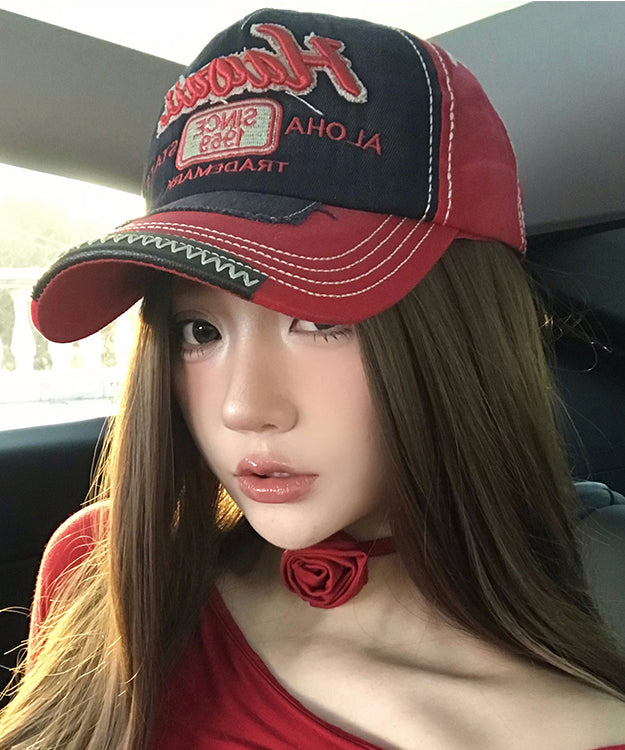 Stylish Red Embroideried Denim Baseball Cap Hat