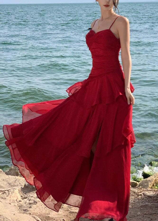 Stylish Red Exra Large Hem Chiffon Spaghetti Strap Dress Summer