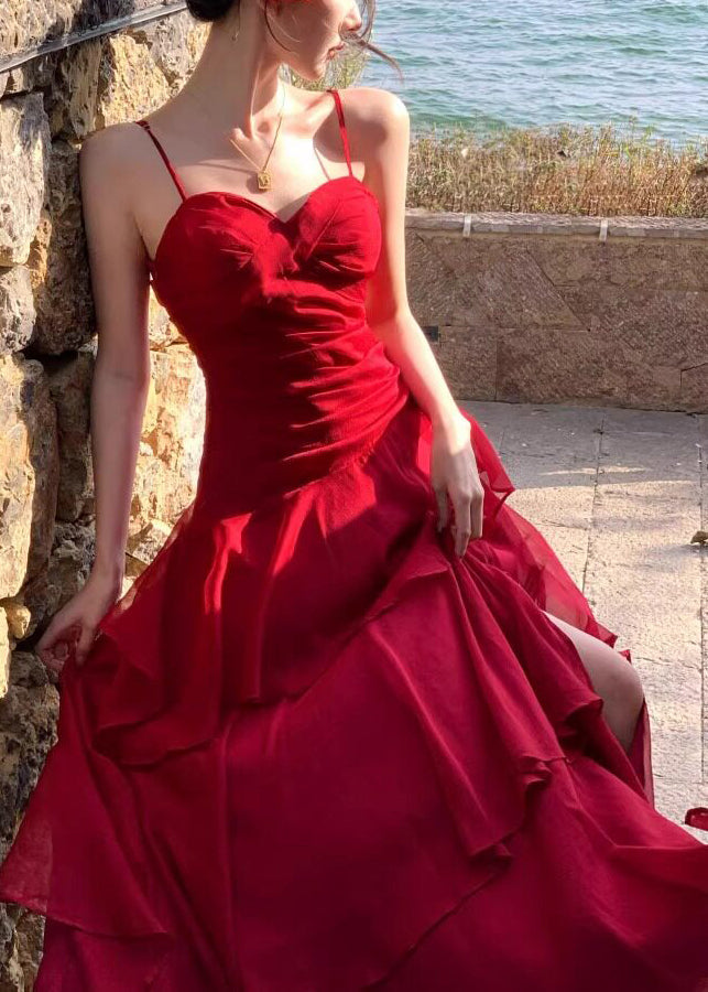 Stylish Red Exra Large Hem Chiffon Spaghetti Strap Dress Summer
