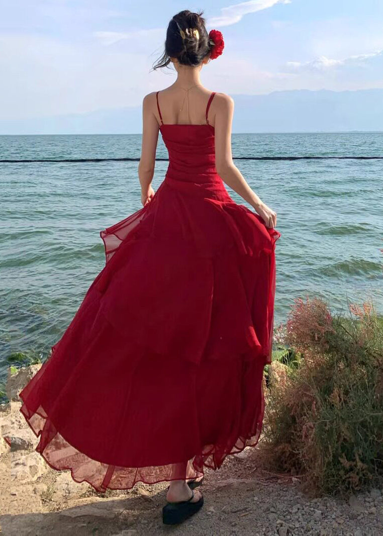 Stylish Red Exra Large Hem Chiffon Spaghetti Strap Dress Summer