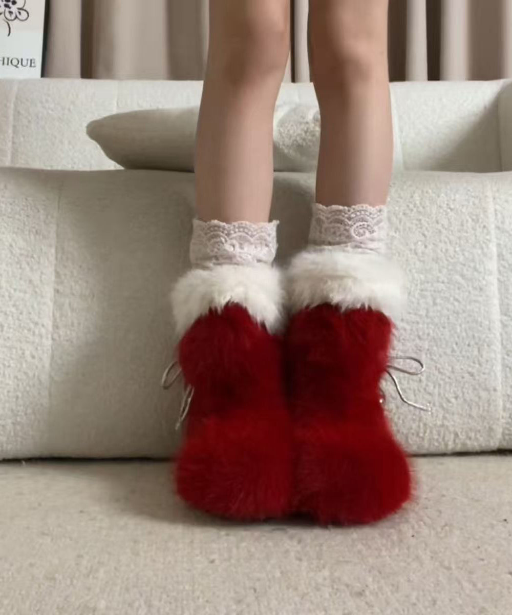 Stylish Red Fuzzy Fur Splicing Platform Boots