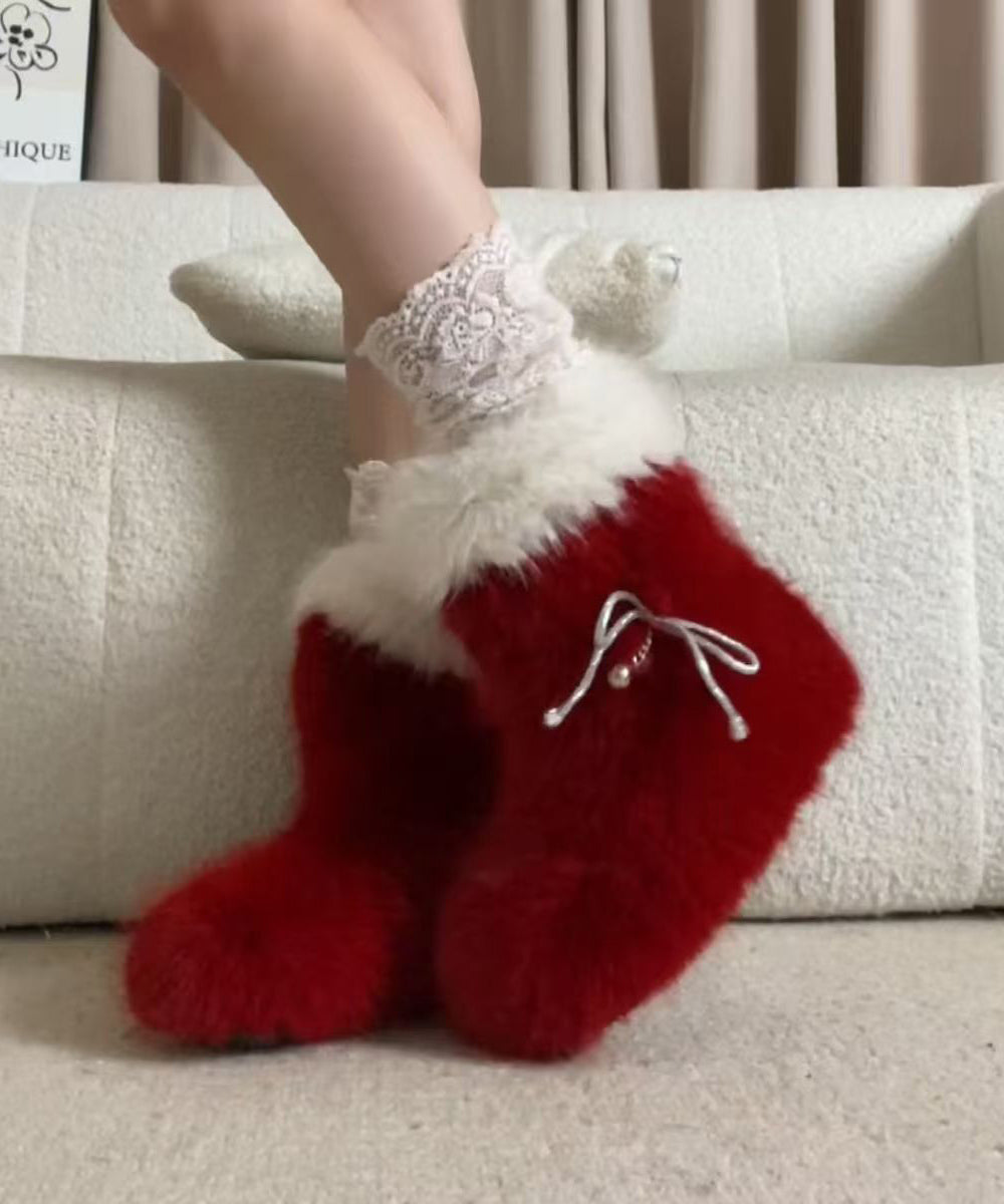 Stylish Red Fuzzy Fur Splicing Platform Boots