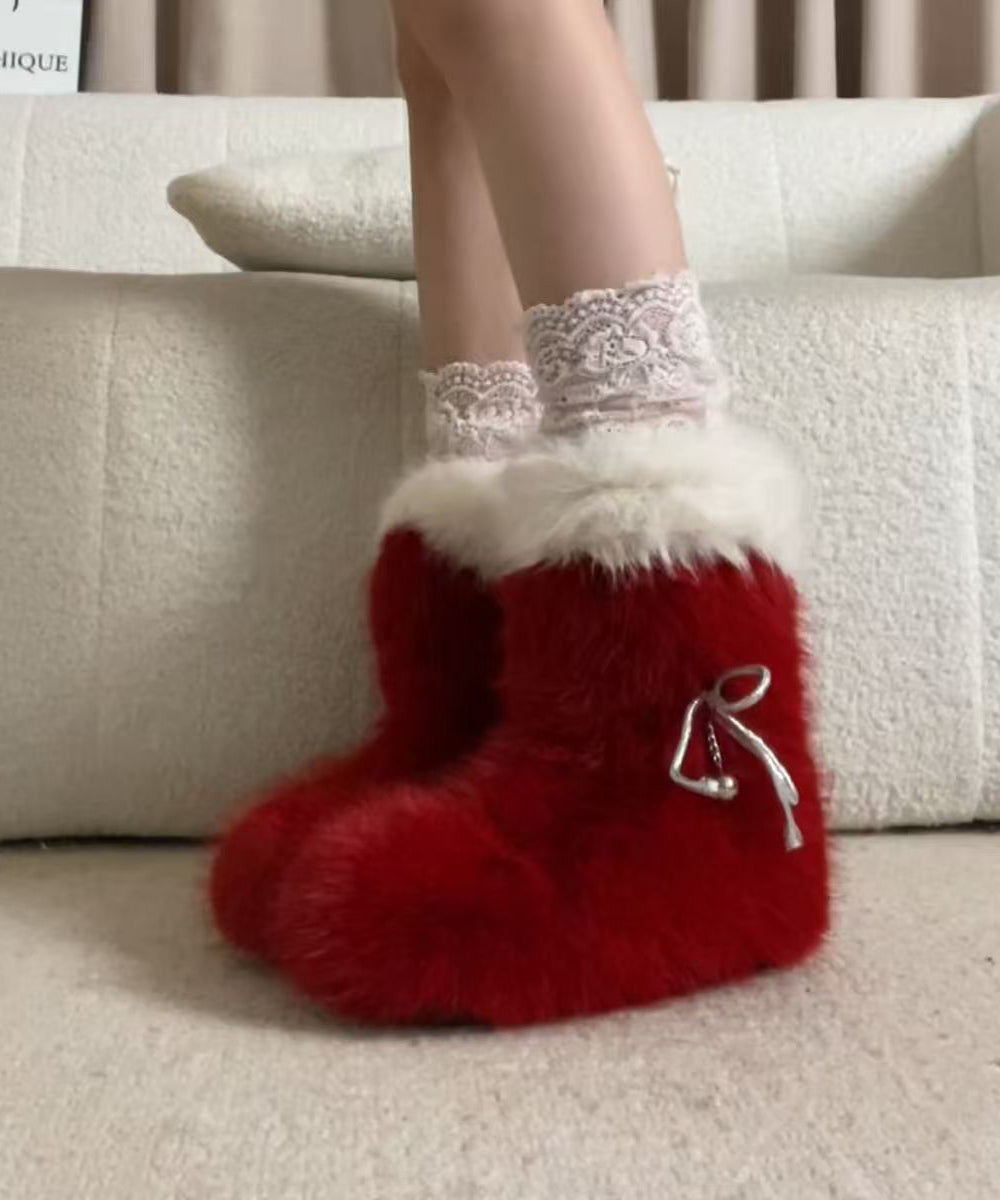 Stylish Red Fuzzy Fur Splicing Platform Boots