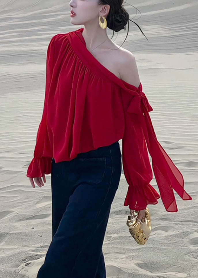 Stylish Red Lace Up Solid Chiffon Shirt Fall