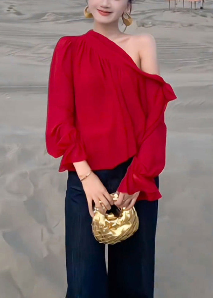 Stylish Red Lace Up Solid Chiffon Shirt Fall