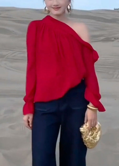 Stylish Red Lace Up Solid Chiffon Shirt Fall