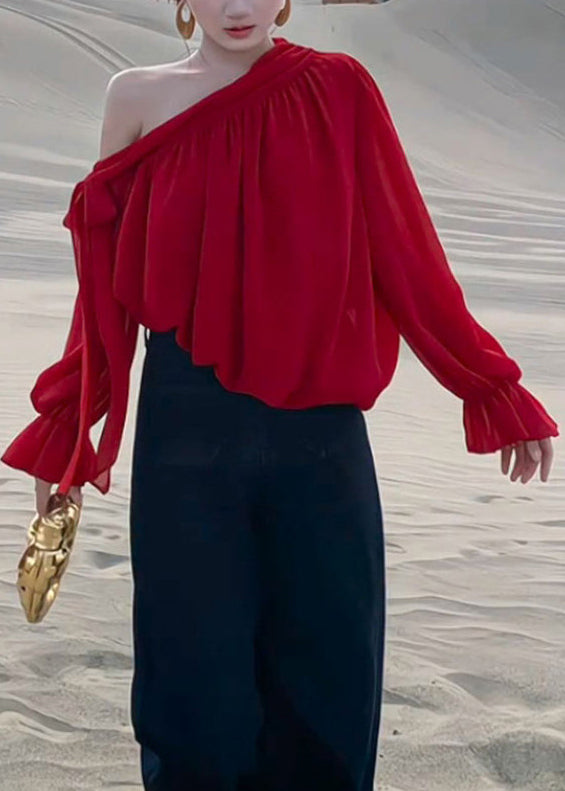 Stylish Red Lace Up Solid Chiffon Shirt Fall