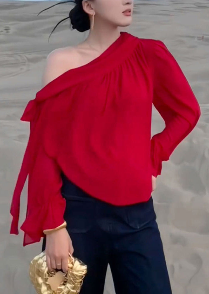 Stylish Red Lace Up Solid Chiffon Shirt Fall