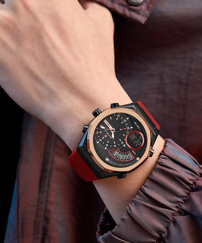 Stylish Red Metal Silicone Rubber Quartz Movement Tempered Glass Watch