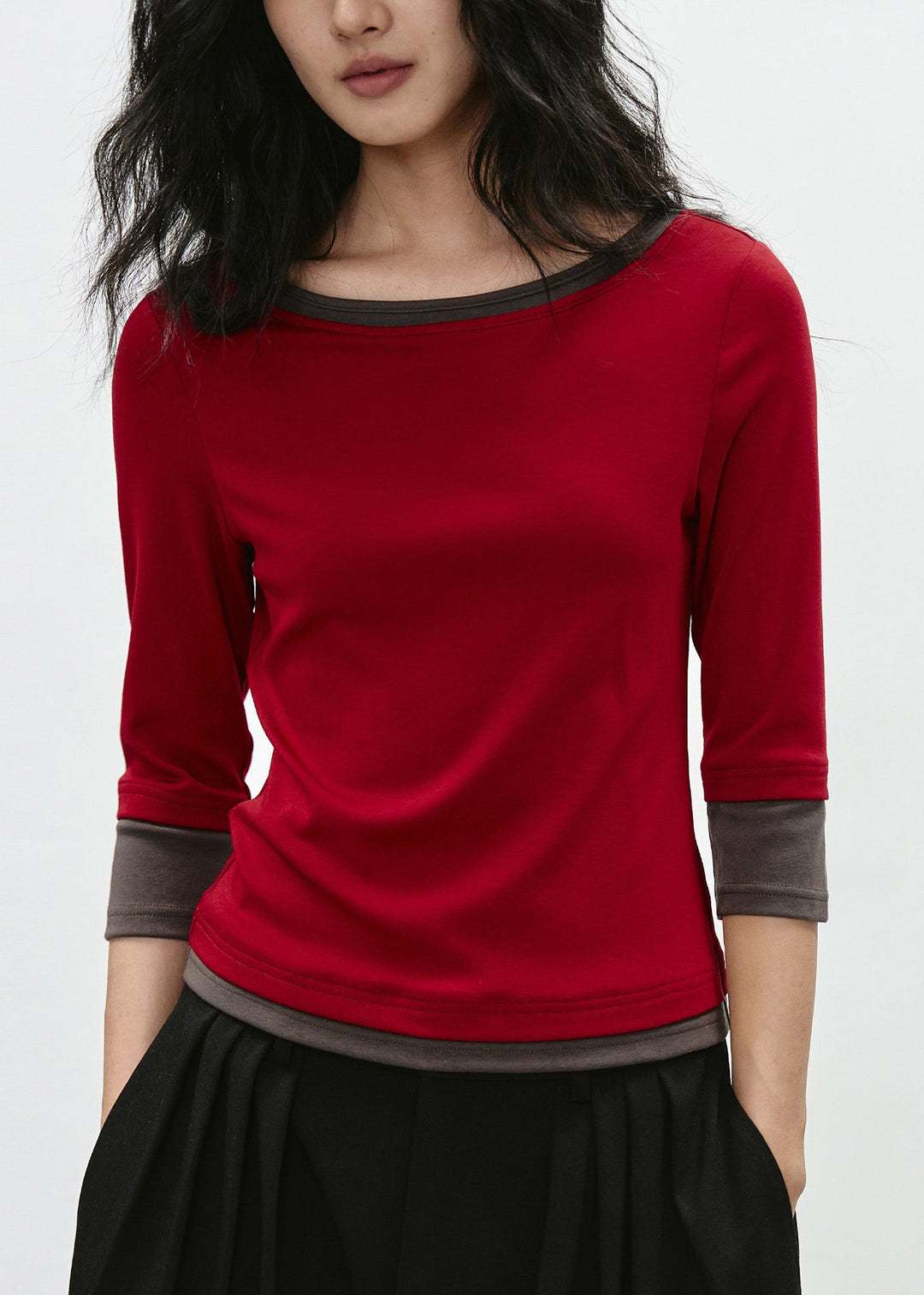Stylish Red O Neck Patchwork Cotton Tops Bracelet Sleeve