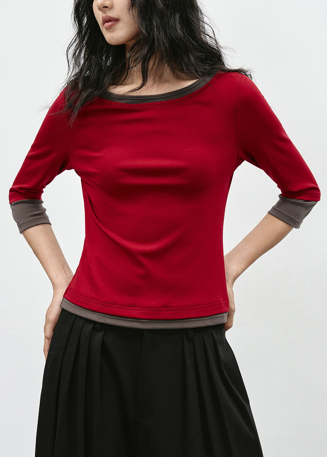 Stylish Red O Neck Patchwork Cotton Tops Bracelet Sleeve