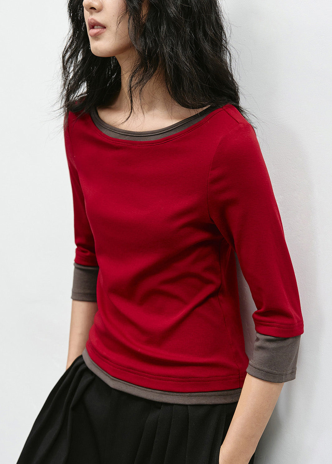 Stylish Red O Neck Patchwork Cotton Tops Bracelet Sleeve
