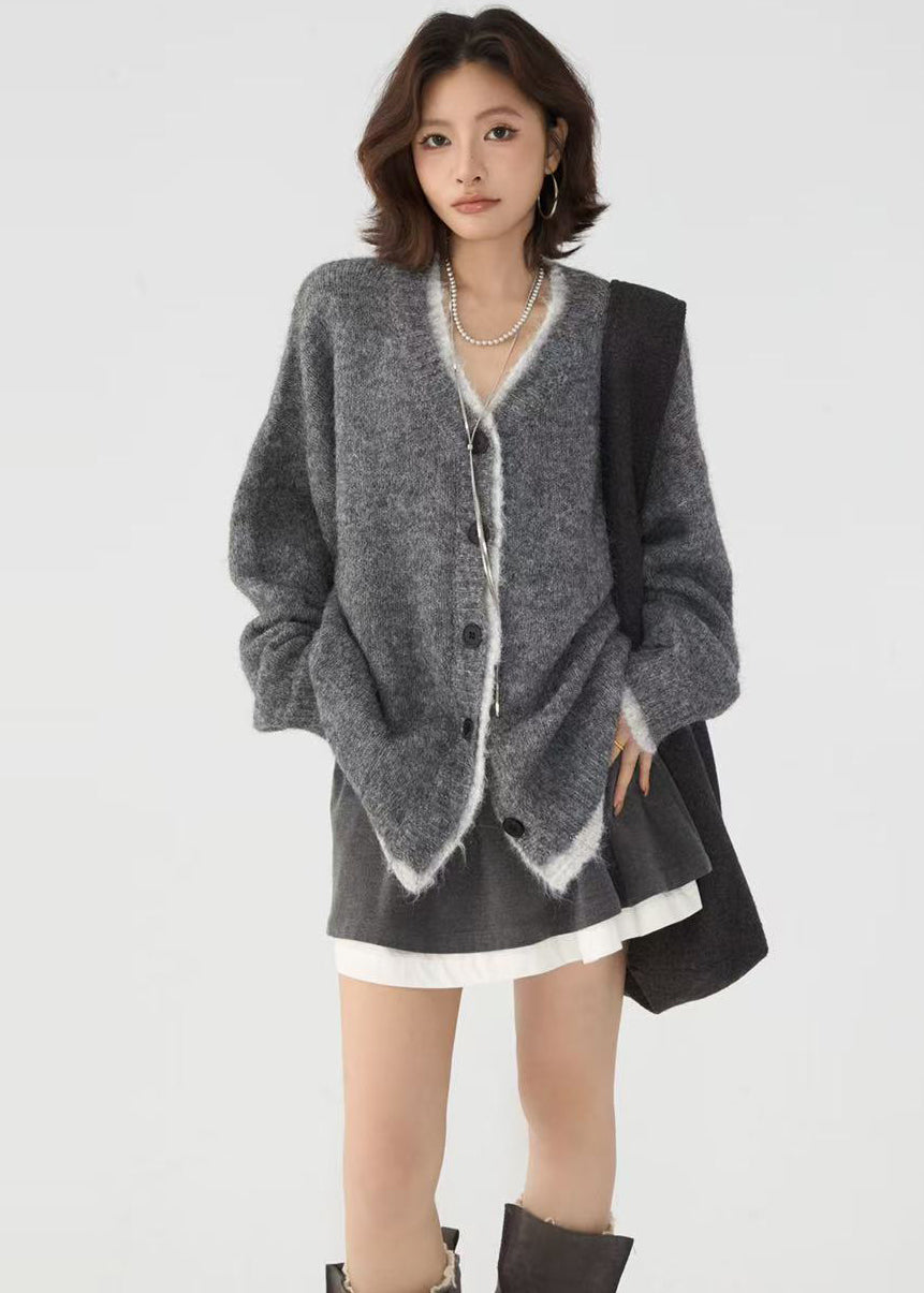 Stylish Red Oversized Patchwork Knit Fake Two Piece Cardigans Winter