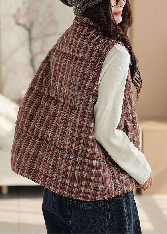 Stylish Red Plaid Thick Fine Cotton Filled Vests Winter