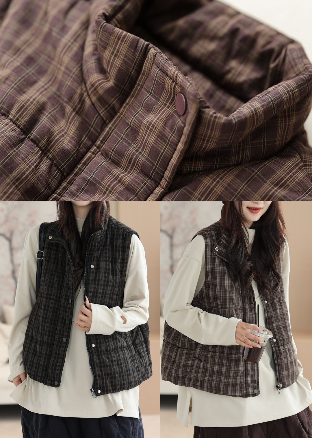 Stylish Red Plaid Thick Fine Cotton Filled Vests Winter