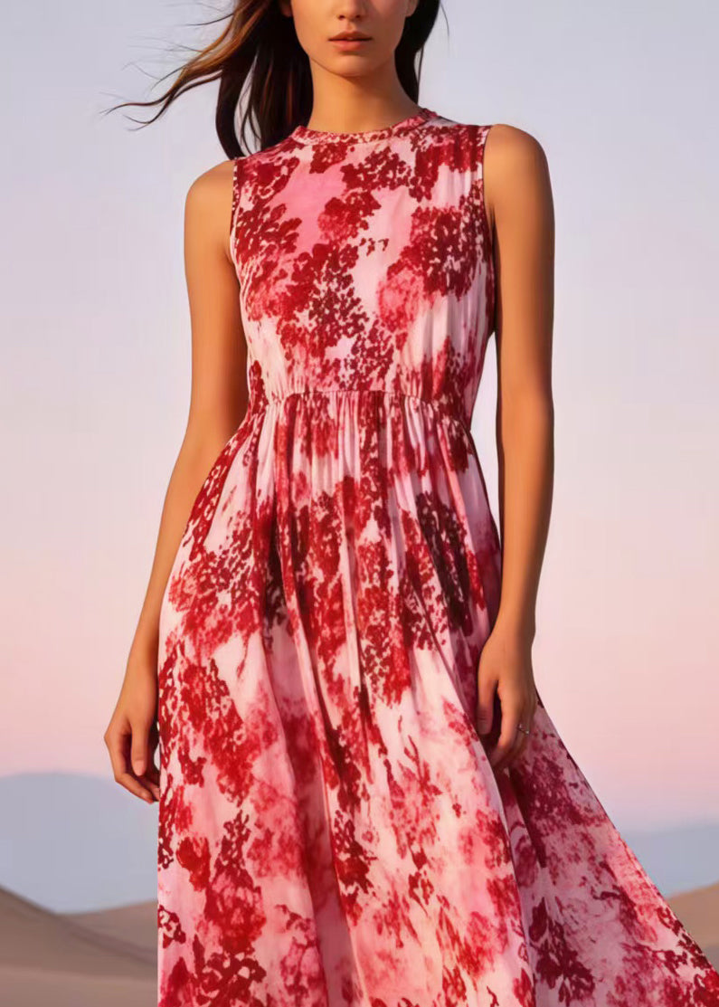 Stylish Red Print Cotton Robe Dresses Sleeveless
