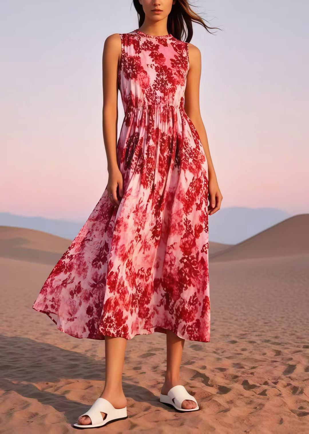 Stylish Red Print Cotton Robe Dresses Sleeveless