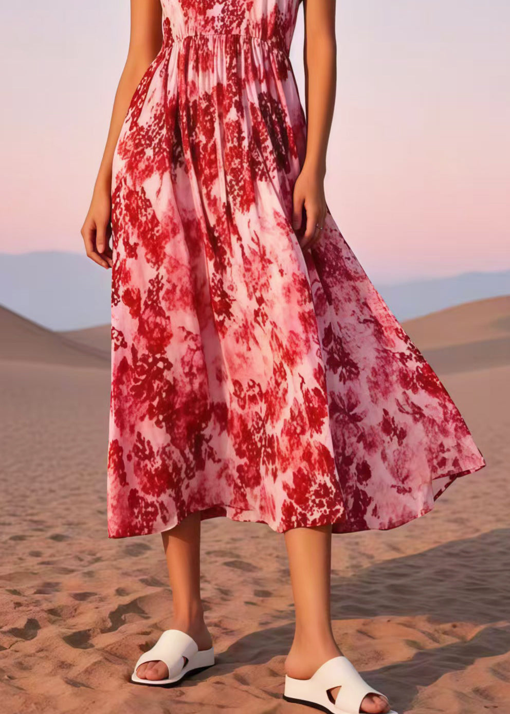 Stylish Red Print Cotton Robe Dresses Sleeveless
