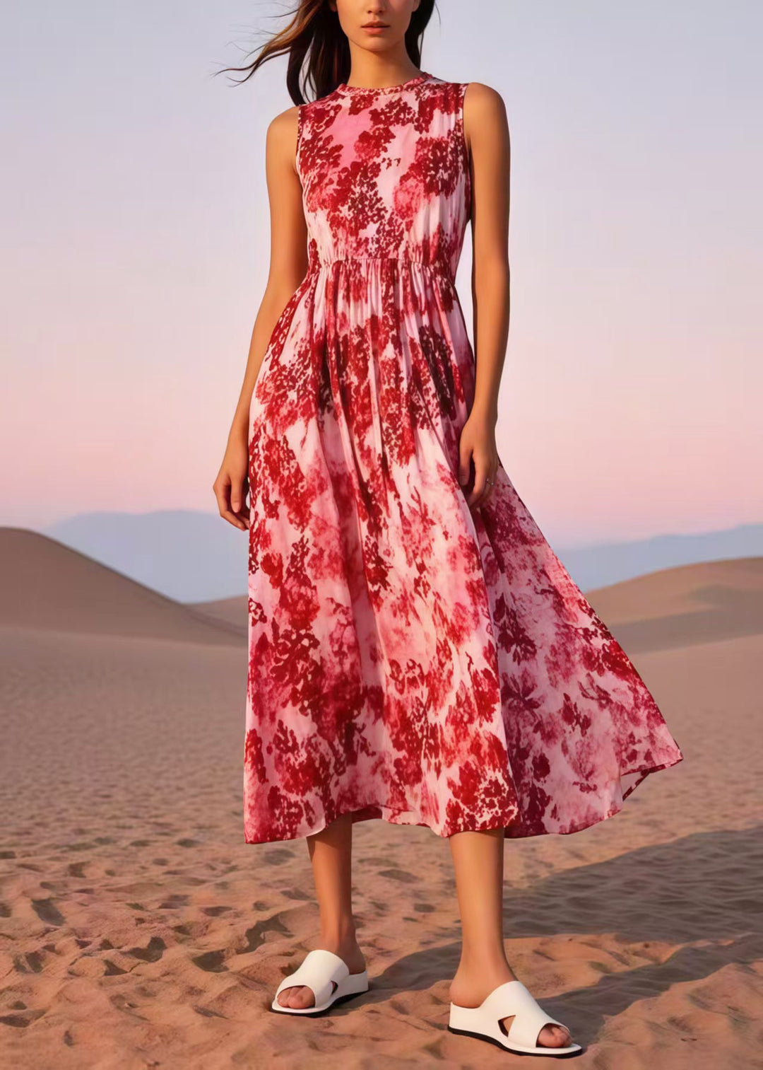 Stylish Red Print Cotton Robe Dresses Sleeveless