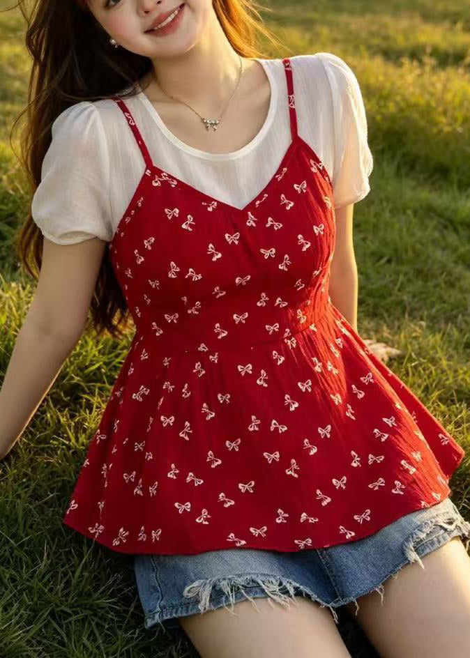 Stylish Red Print Patchwork Chiffon Fake Two Piece Tops Summer