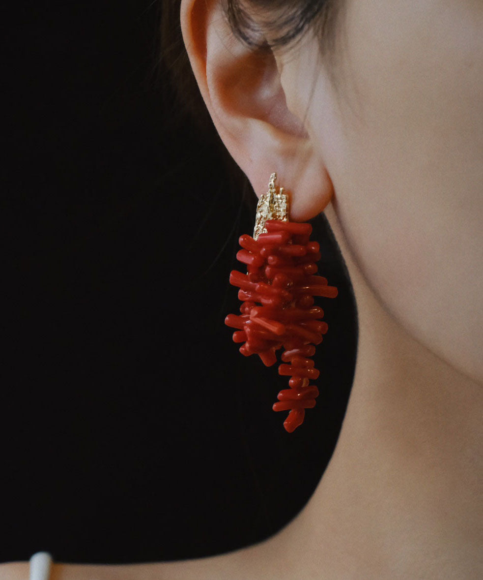 Stylish Red Sterling Silver Overgild Bamboo Drop Earrings
