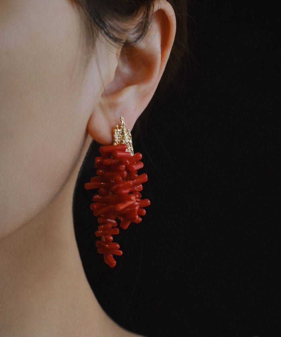 Stylish Red Sterling Silver Overgild Bamboo Drop Earrings