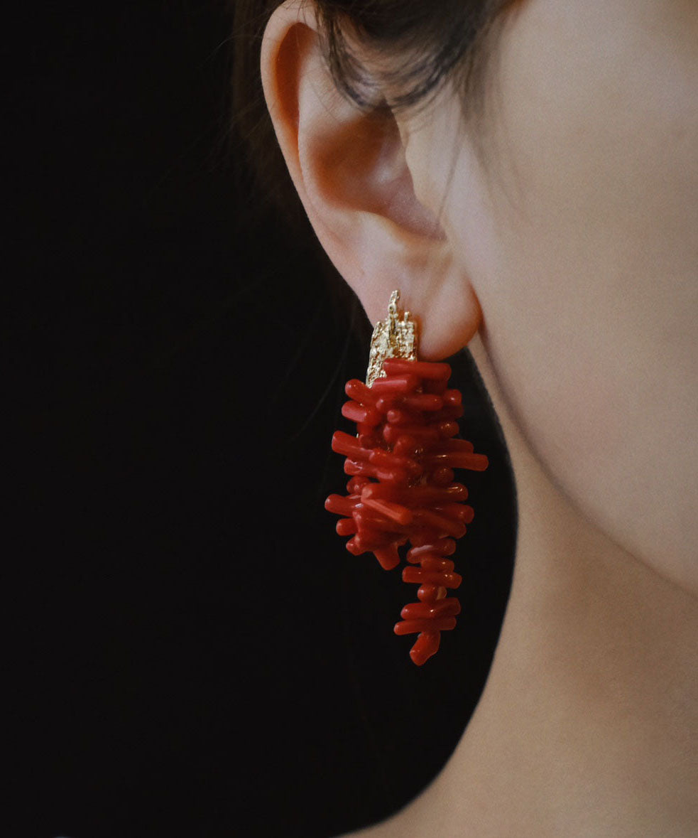 Stylish Red Sterling Silver Overgild Bamboo Drop Earrings