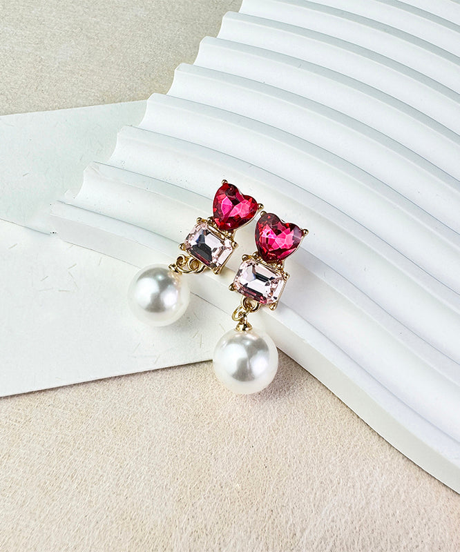 Stylish Red Sterling Silver Zircon Love Crystal Pearl Drop Earrings