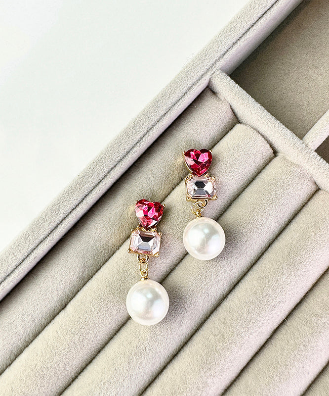 Stylish Red Sterling Silver Zircon Love Crystal Pearl Drop Earrings
