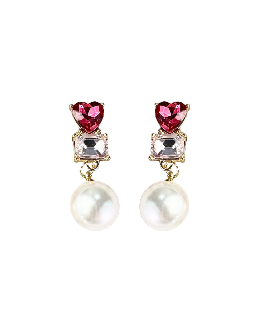 Stylish Red Sterling Silver Zircon Love Crystal Pearl Drop Earrings
