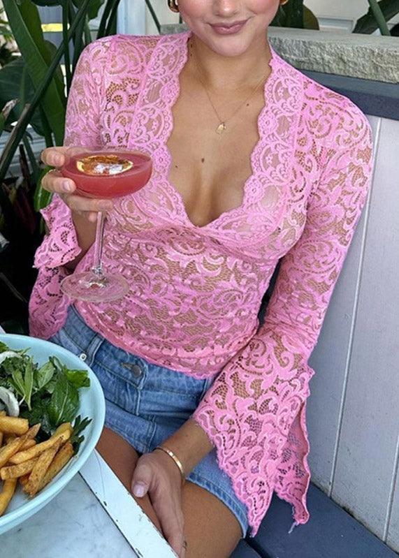 Stylish Red V Neck Lace T Shirts Flare Sleeve