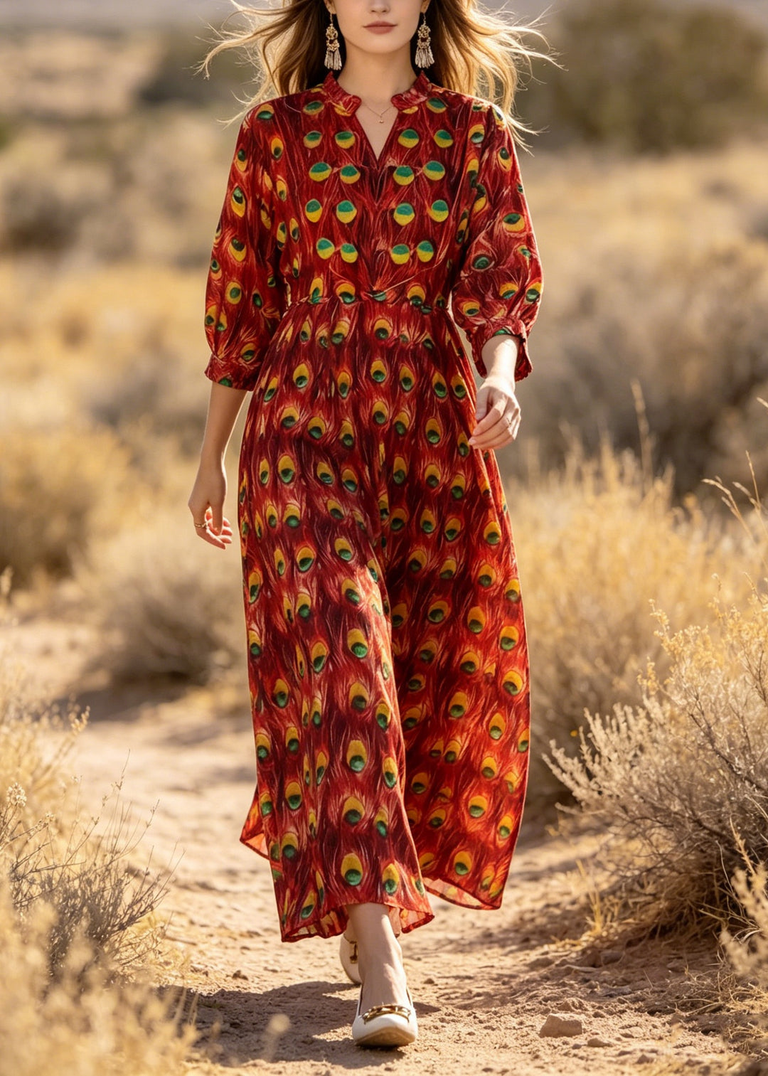 Stylish Red V Neck Print Cotton Dress Lantern Sleeve