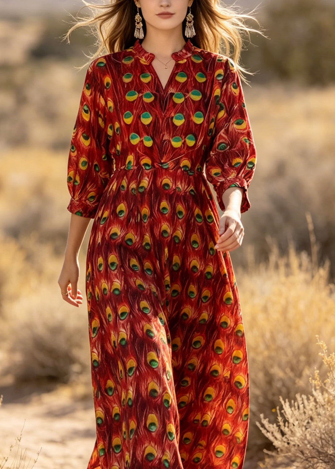 Stylish Red V Neck Print Cotton Dress Lantern Sleeve